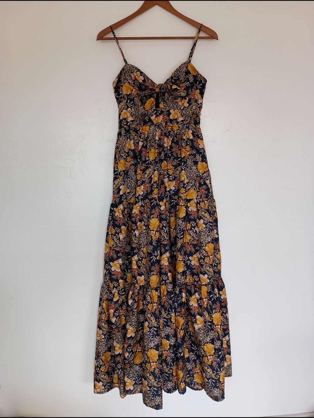 Floral Spaghetti-Strap Maxi Dress in Mustard and Black - Picture 2 of 13